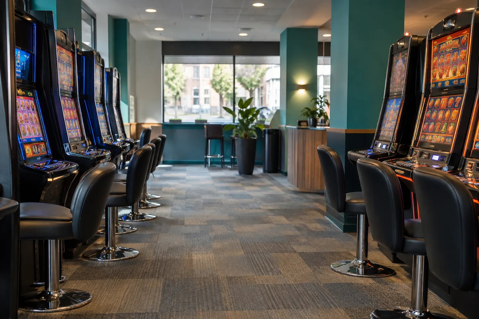 Overzichtelijk gangpad langs automaten in een bescheiden speelhal